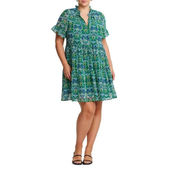 ESTELLE Mandala Ruffle Tiered Green Print Mini Dress, NWT! Size 2X/20W - Picture 1 of 9